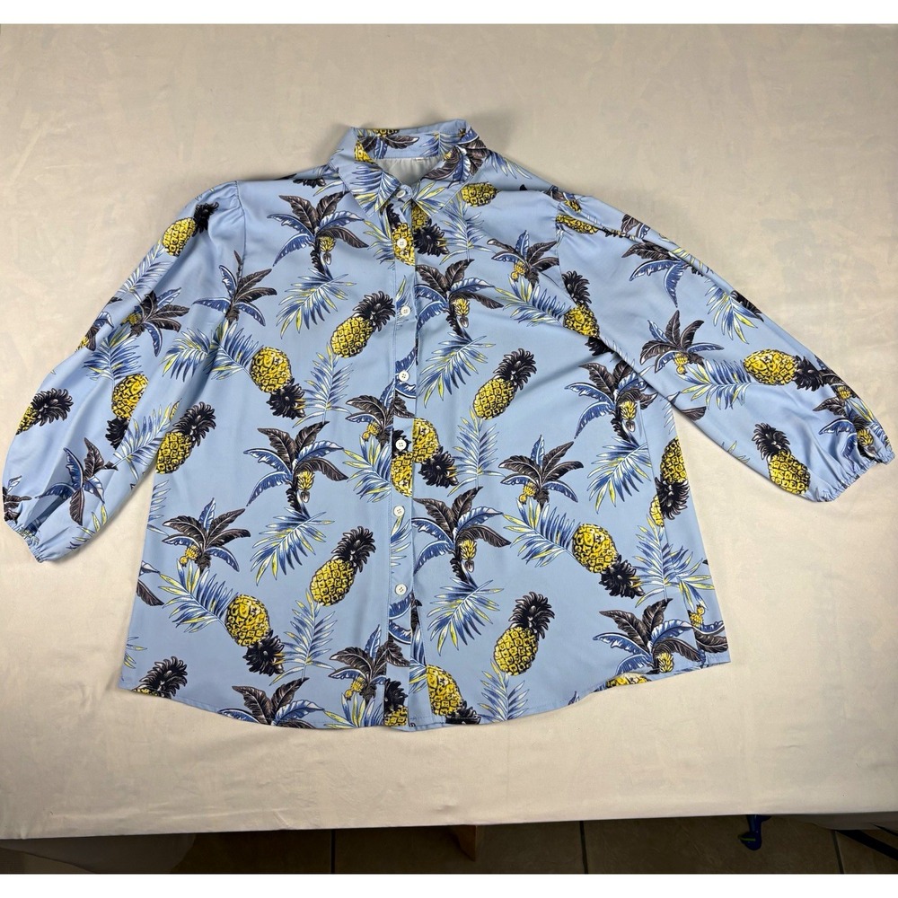 Upside Down Pineapple Print Blouse Womens XL Blue Lifestyle Cruise Vacation Top